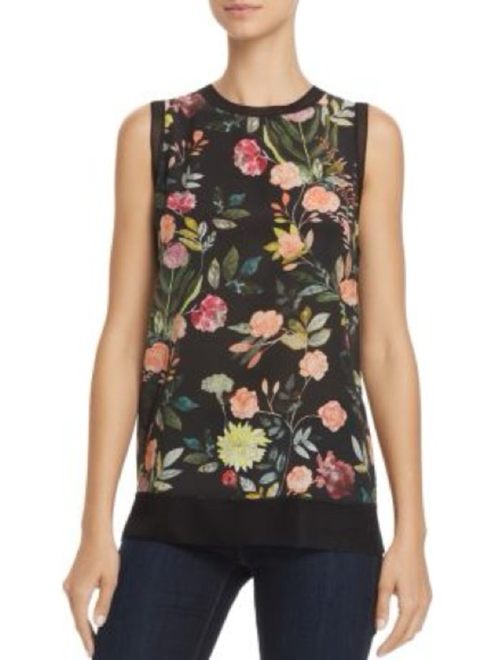 Theory Silk Floral Print Lewie Tank Top Ribbed Mesh Trim Black/Multi Botanical